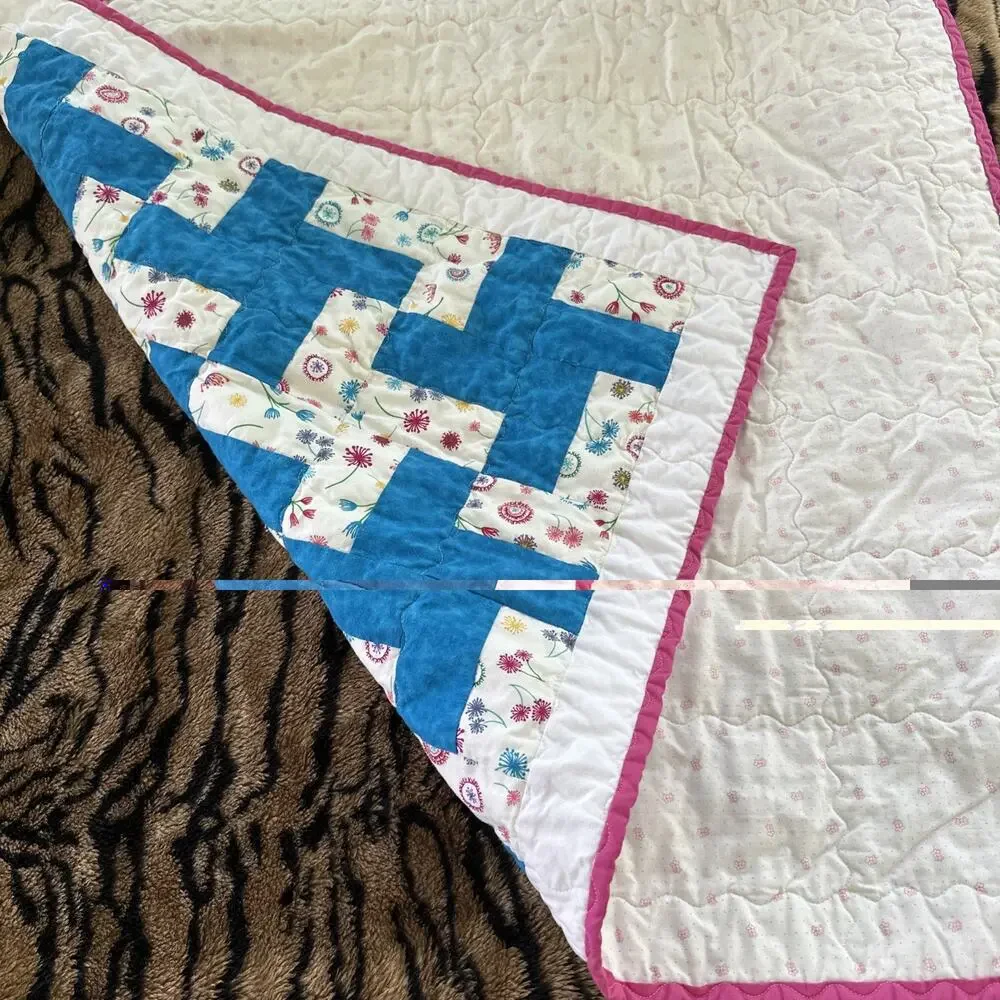 Handmade Lap Quilt 29x33 Beautiful Blue Pink Floral Kids, Baby, EUC Gift